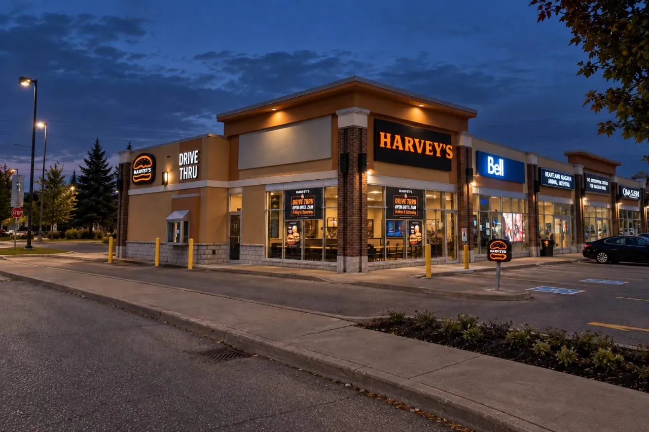 McLeod Plaza in Niagara Falls with tan stucco walls and lit storefronts at dusk
